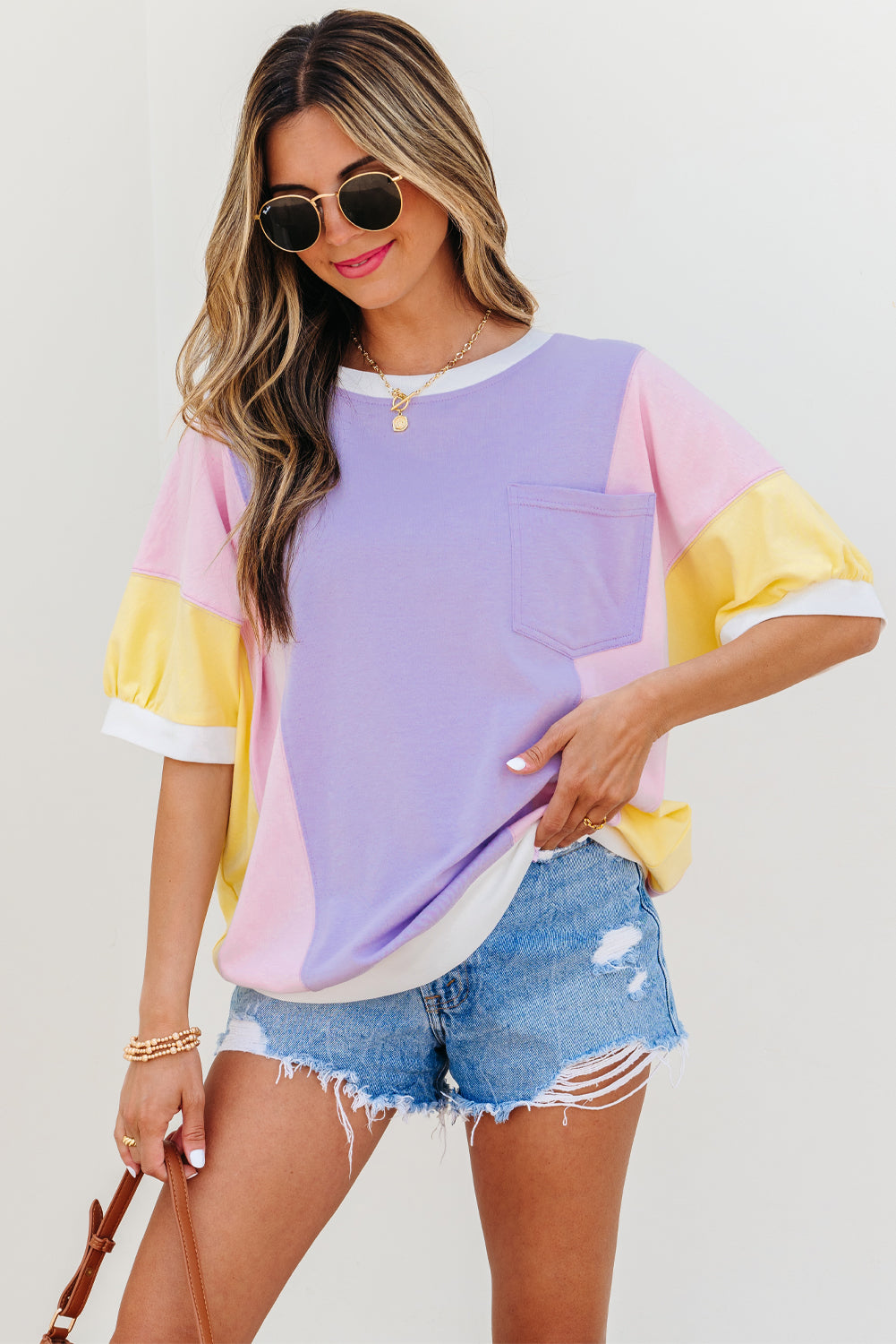 Purple Color Block Patchwork Half Sleeve Oversized T Shirt