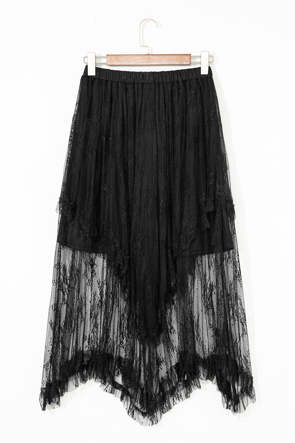 Black Lace Cascading Tiered High Waist Maxi Skirt