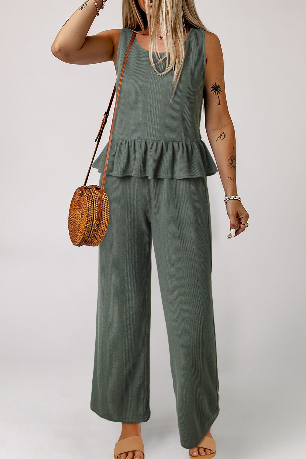 Duffel Green Solid Color Ribbed Ruffle Tank Top and Pants Set