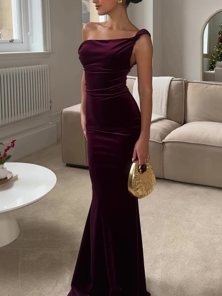 Burgundy Off-shoulder Velvet Fishtail Maxi Dress