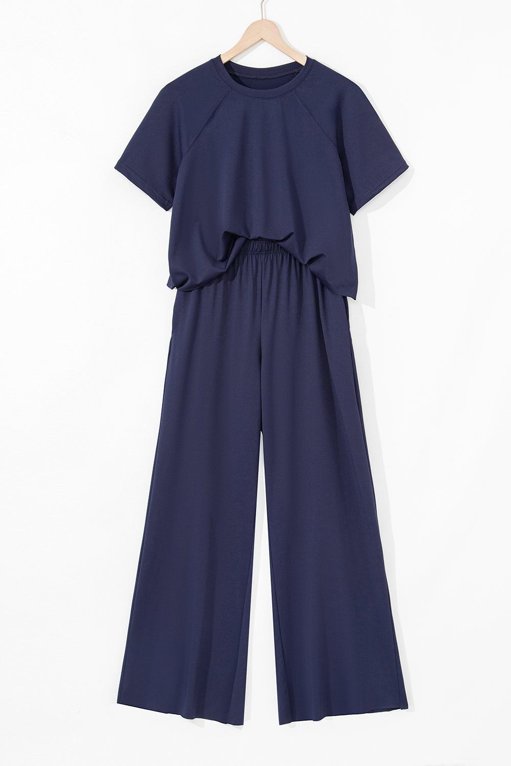 Navy Blue Raw Hem Loose Tee and Wide Leg Pants Set