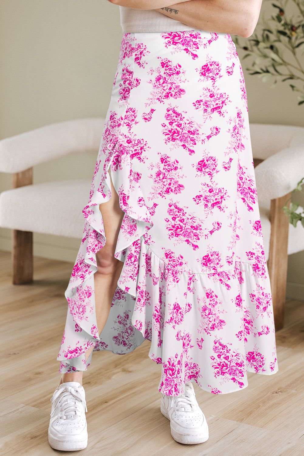 Rose Boho Floral High Waist Ruffle Split Maxi Skirt