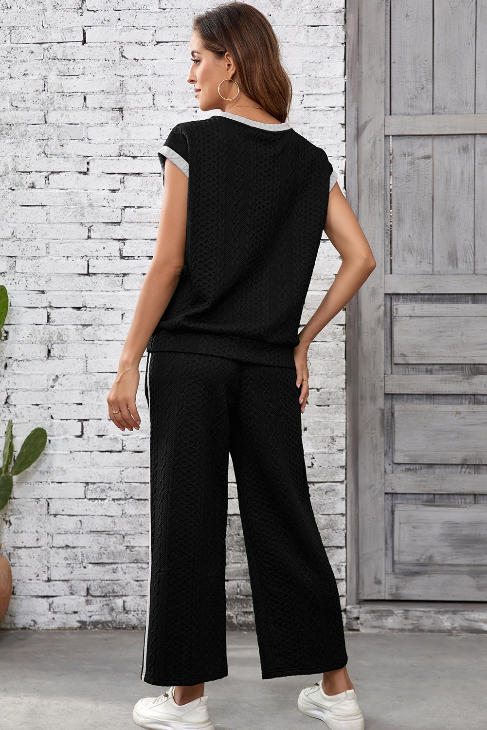Black Cable Knit Contrast Trim Short Sleeve Top and Pants Set