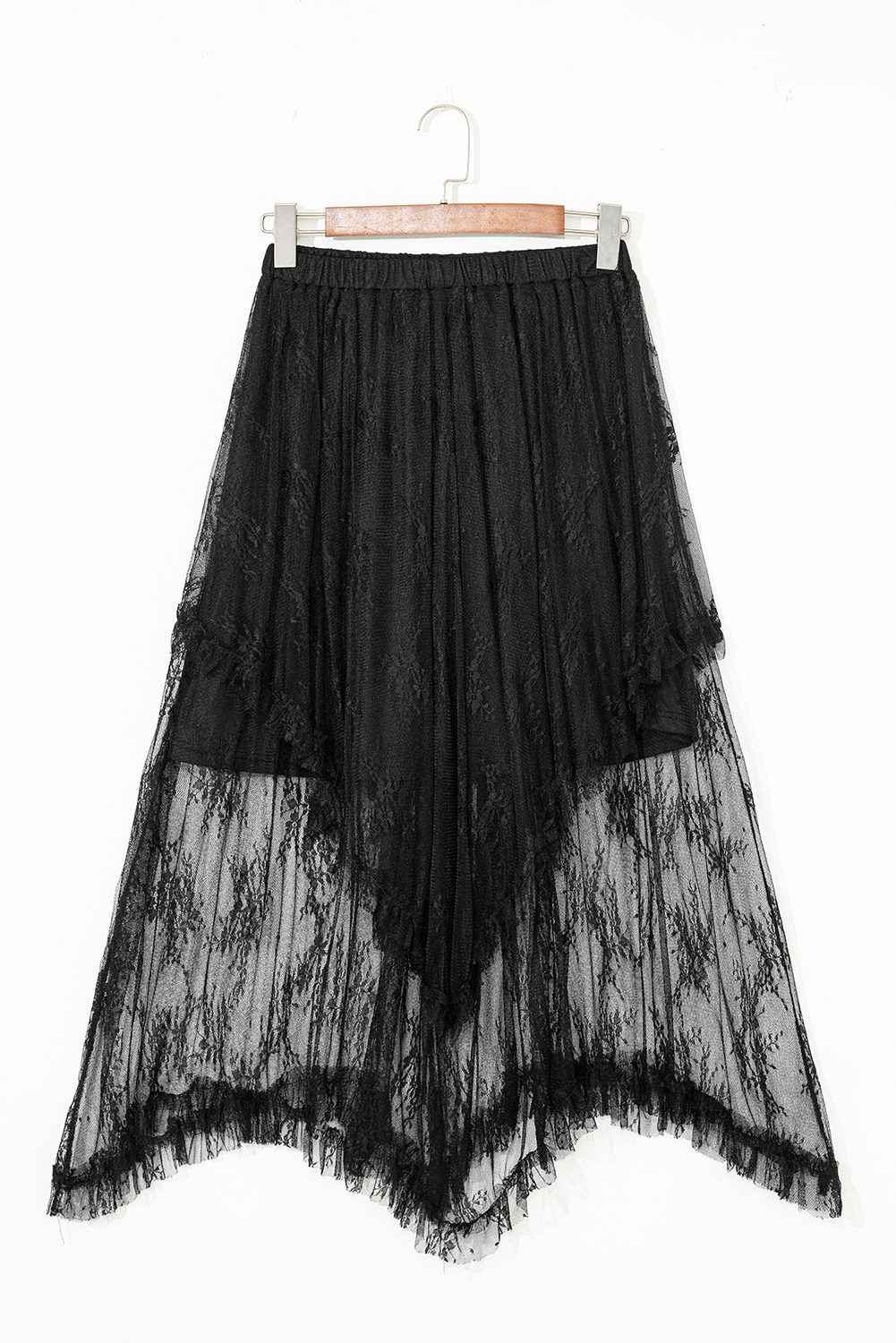 Black Lace Cascading Tiered High Waist Maxi Skirt