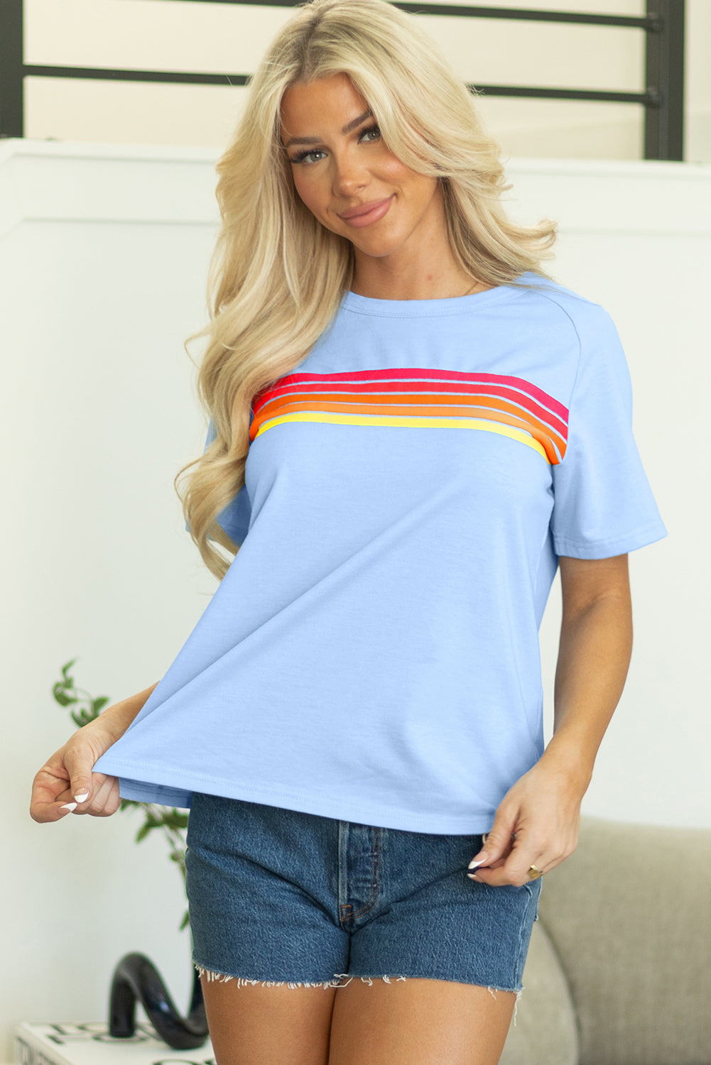 Beau Blue Striped Patch Front Casual Tee