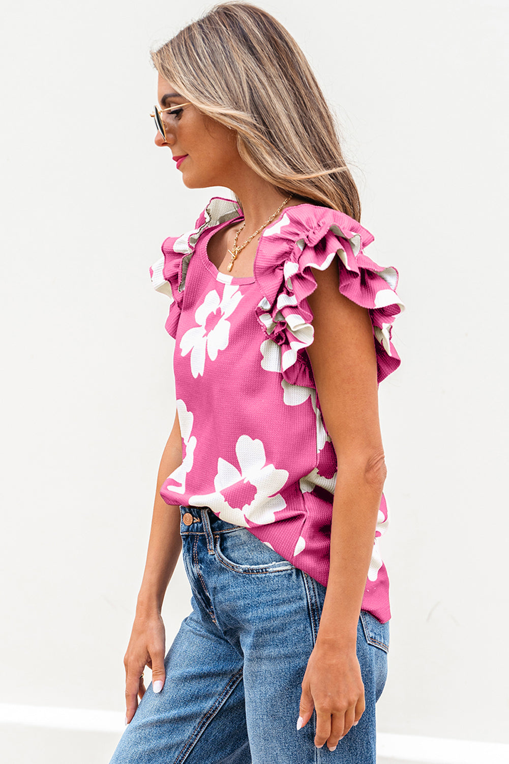 Pink Floral Textured Ruffled Short Sleeve Square Neck Blouse