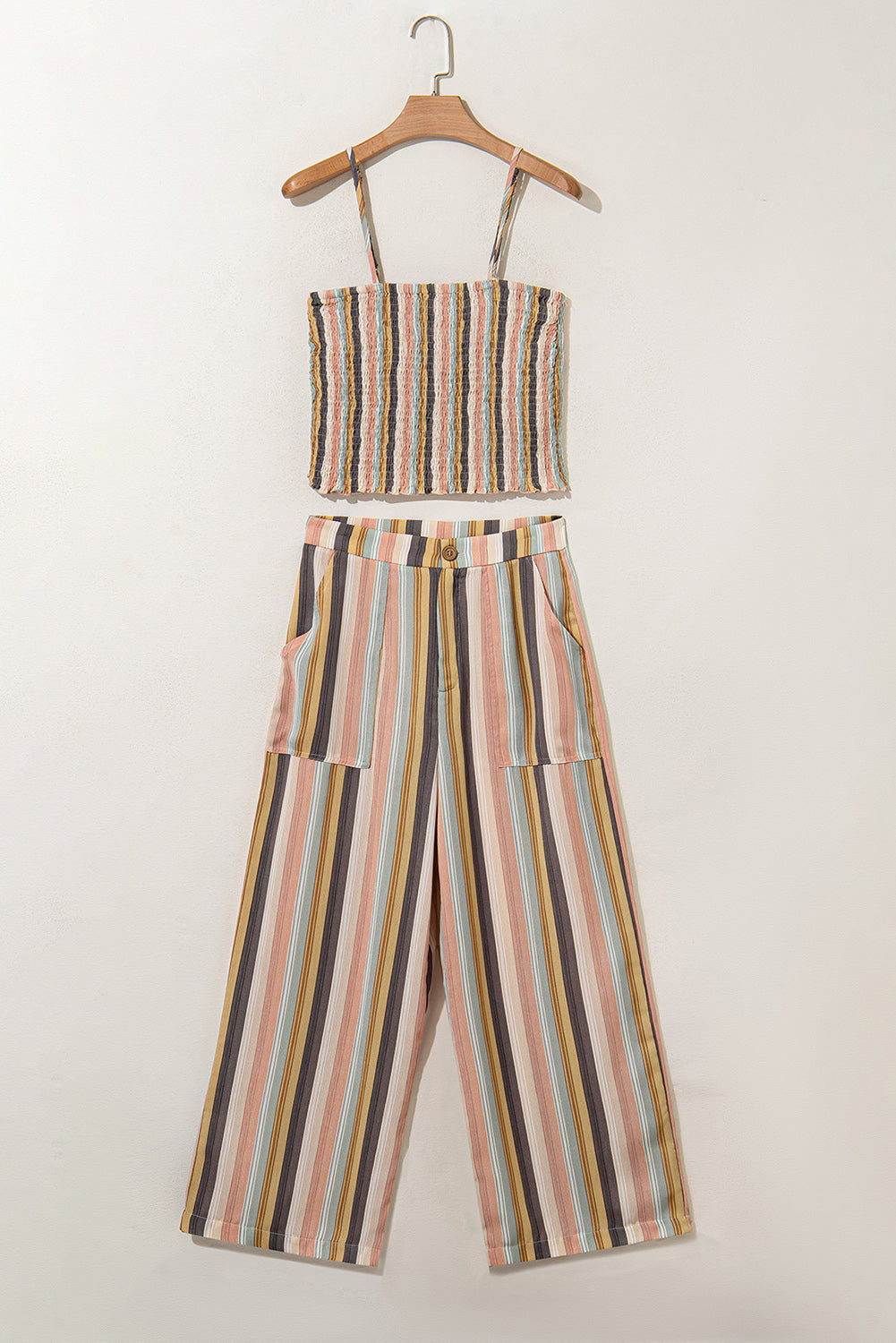 Multicolour Vertical Striped Smocked Cami Top Wide Leg Pants Set