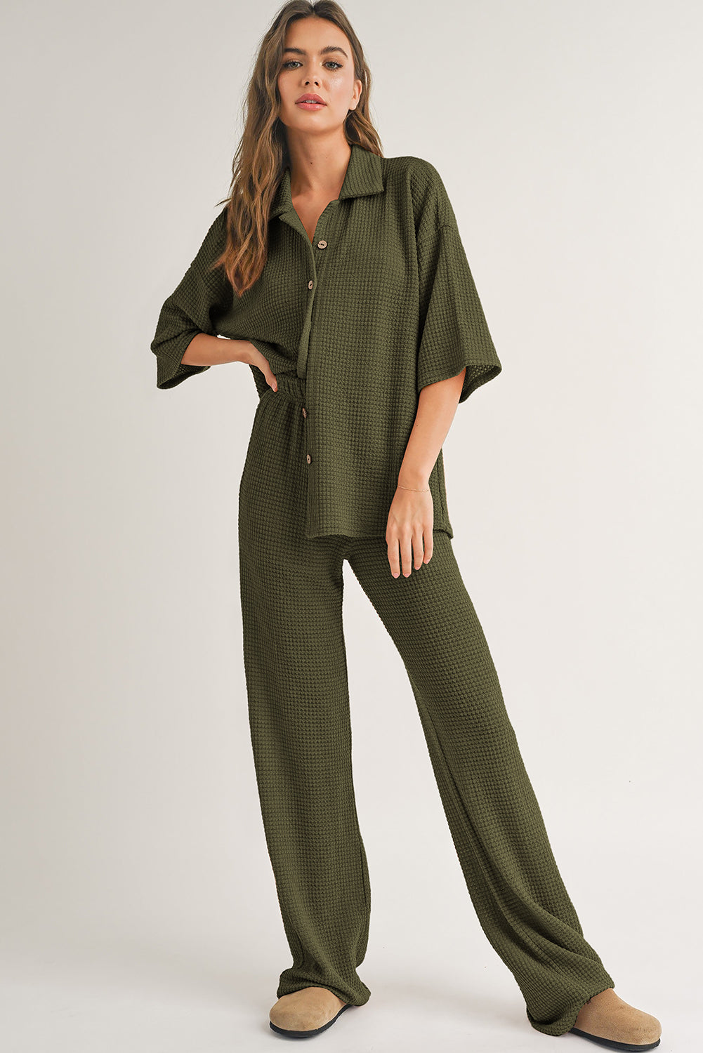 Four Leaf Clover Solid Color Textured Buttoned Shirt and Casual Pants Set