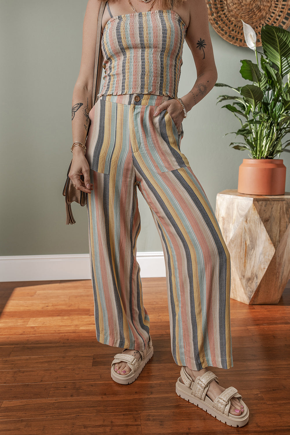 Multicolour Vertical Striped Smocked Cami Top Wide Leg Pants Set