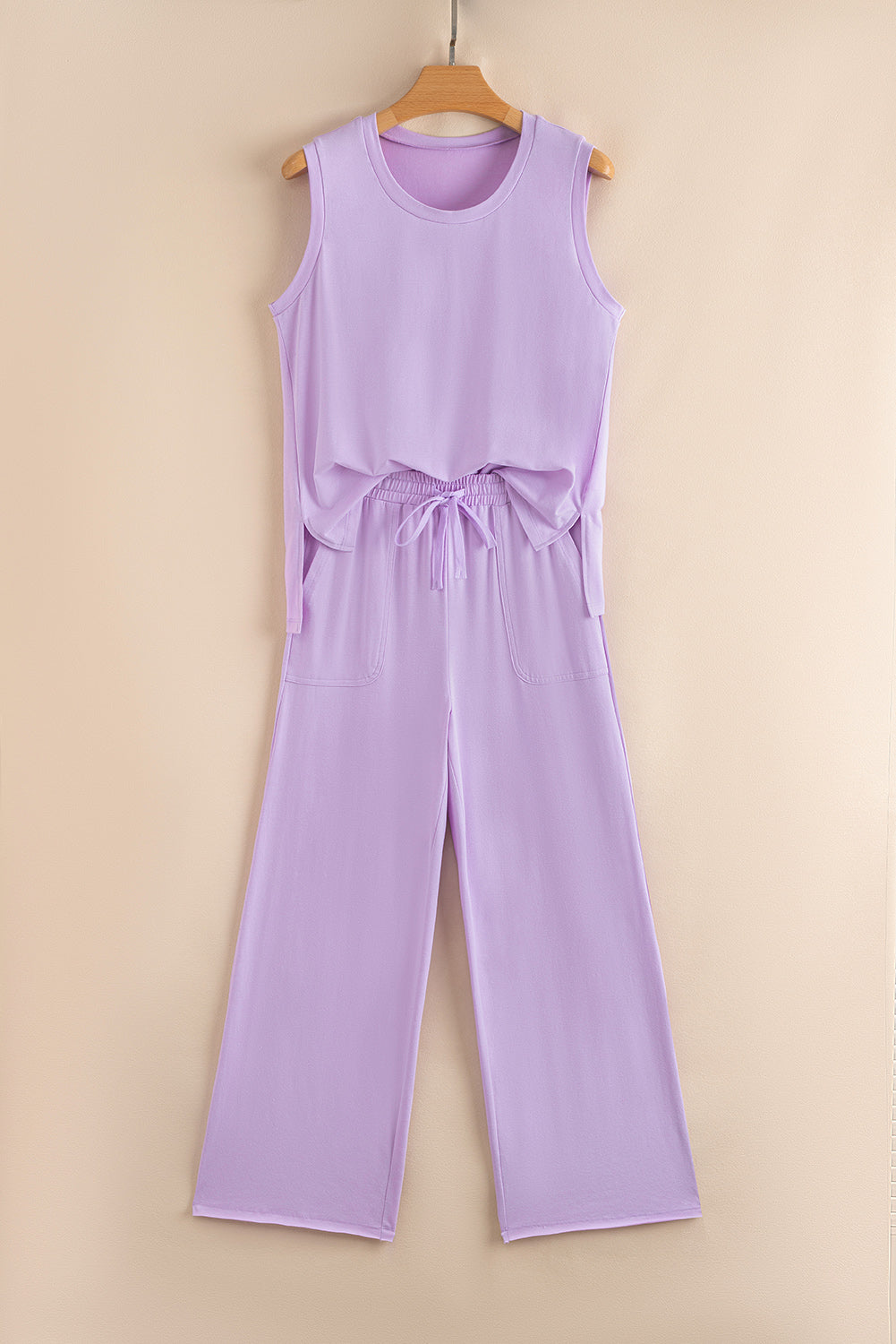 Orchid Petal Mineral Wash Casual Round Neck Tank and Straight Loose Drawstring Pants Set