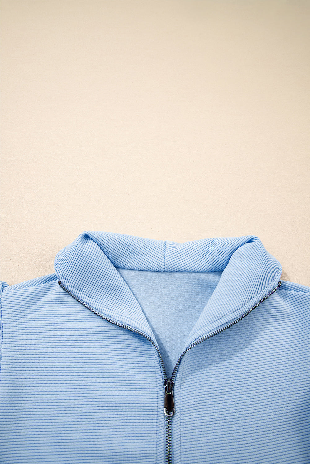 Beau Blue Textured Ruffled Sleeve Zipped Top and Wide Leg Pants Set